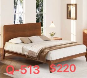 （Q-513）Mid-Century Queen Platform Bed Sustainable Bamboo Frame Slatted Base