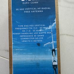 SE X80 VERTICAL HF RADIAL FREE ANTENNA TYPE END FED VERTICAL FREQUENCY TX / 3.5 - 50 MHZ RX / 1.8 - 55 MHZ POWER HANDLING 400 WATTS PE