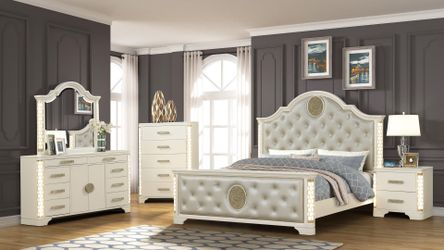 Jasmine-4pc Queen Bedroom Set - Modern White & Gold Fluted Design. Finance/Delivery Available.