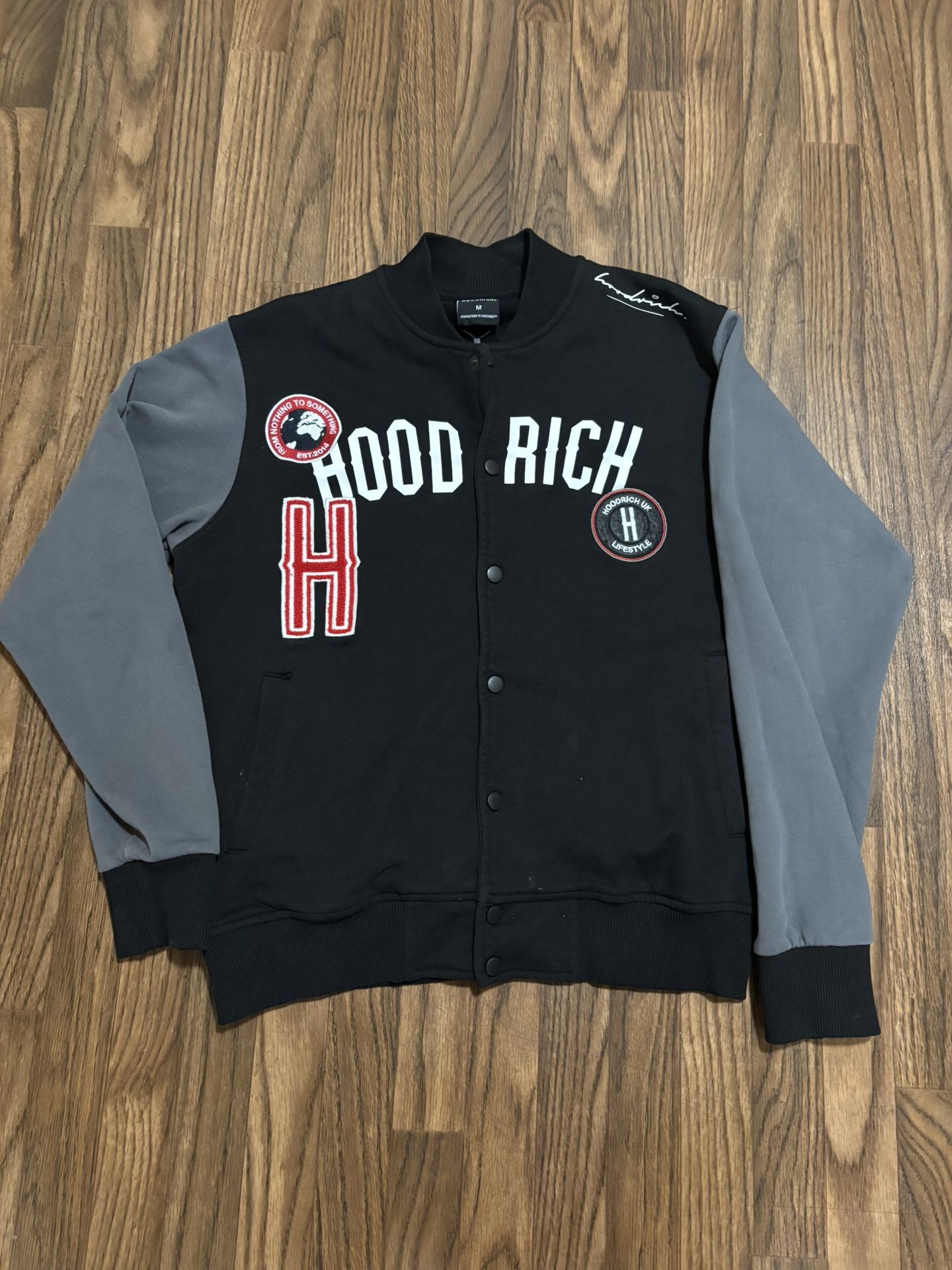 HOOD RICH * Pacific Black Fleece Button Up Varsity Jacket * Medium