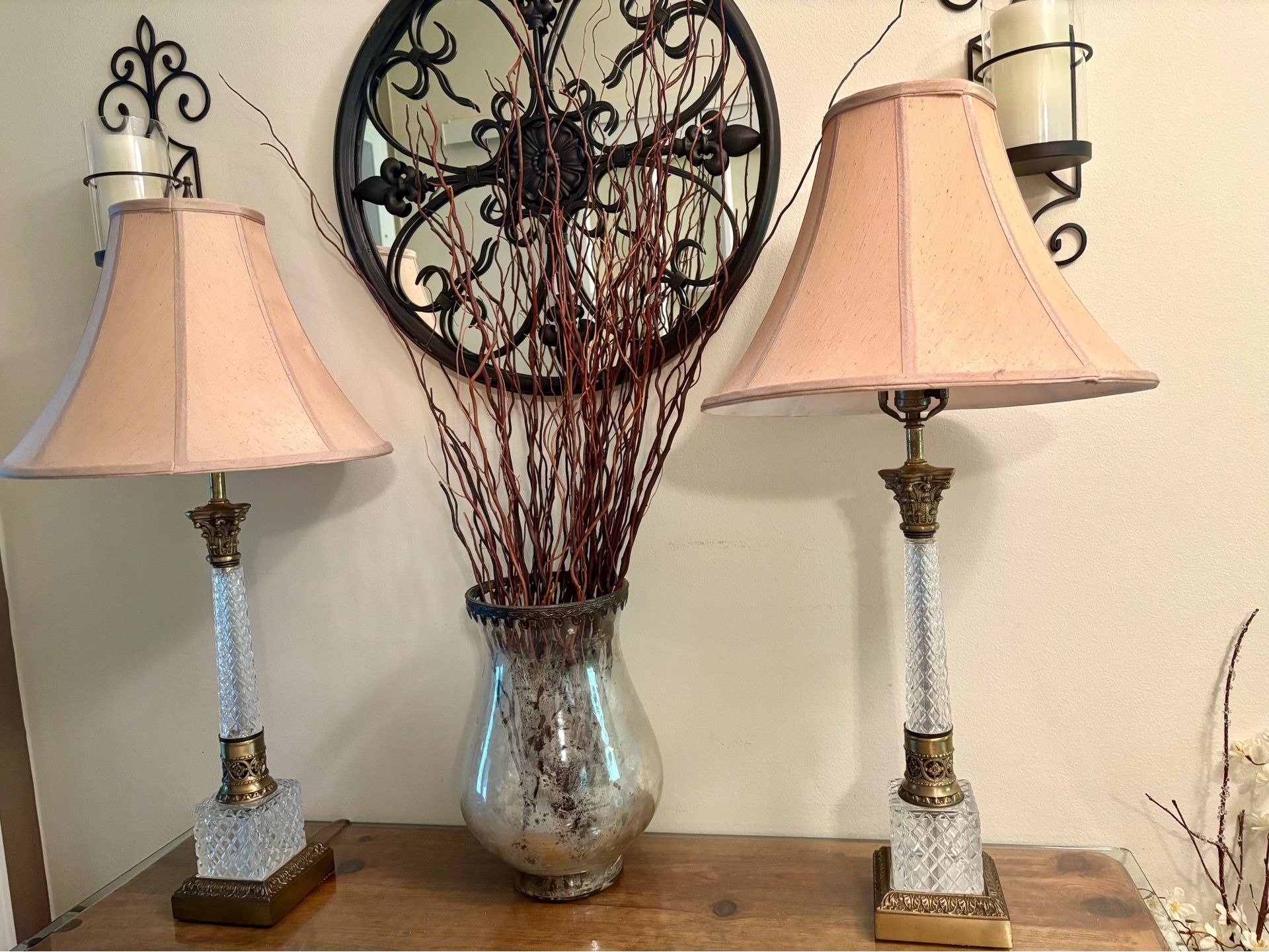 A Pair of Matching MCM Hollywood Regency, Art Deco Diamond Pattern Crystal Table Lamps