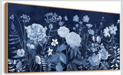 24x48 Vintage Blossom Natural Float Wood Floral Framed Canvas Art, Navy Blue (Brand New)