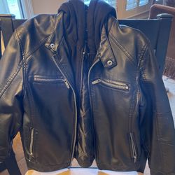 Boys Black Faux Leather Zip Jacket With Hoodie Size Medium 