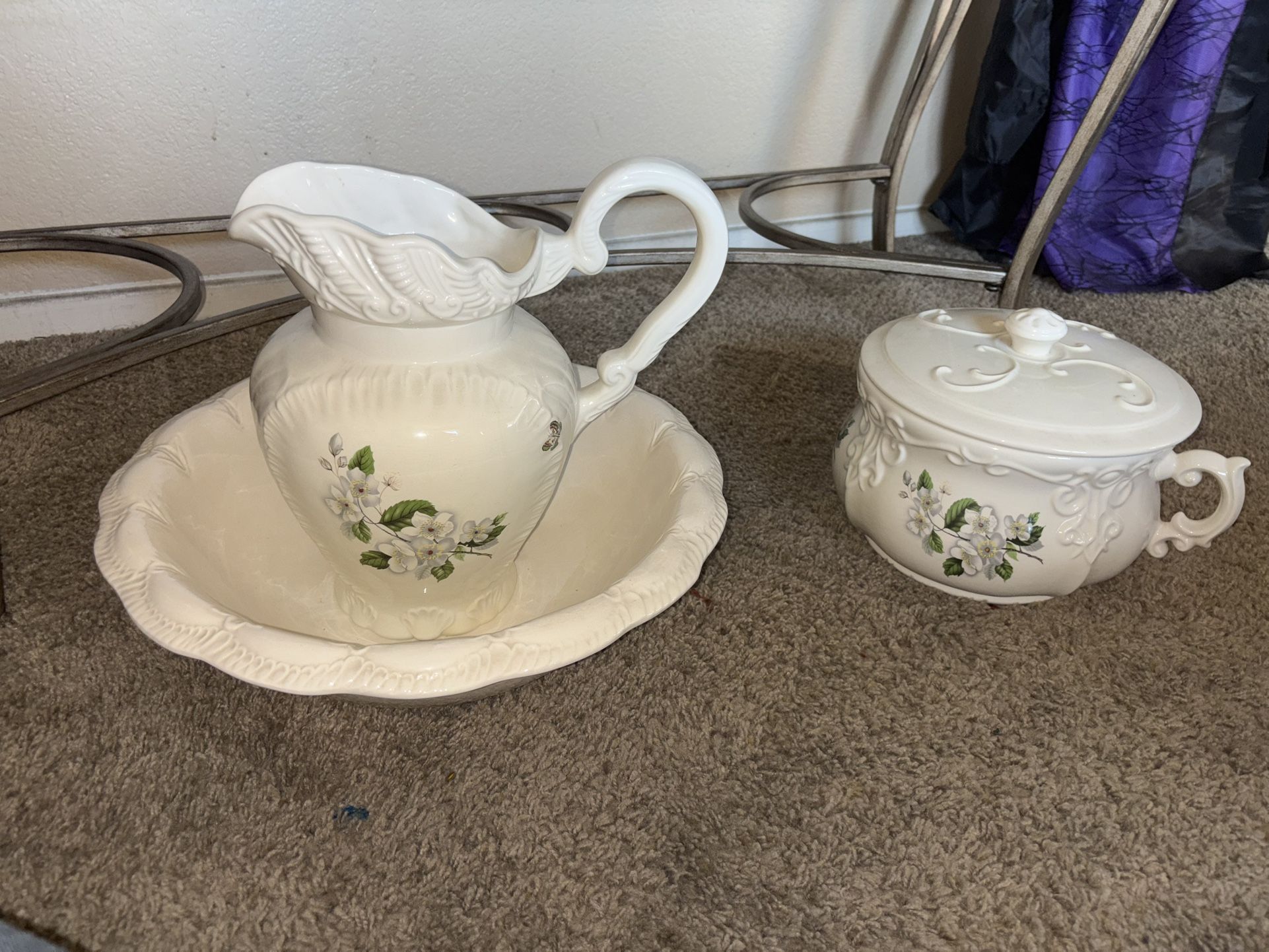 ceramic pitcher and basin set, also known as a washstand set w/ Chamber Pot