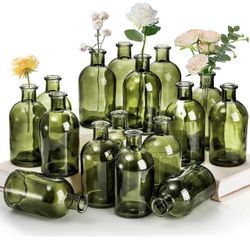 YOUEON 16 Pack Green Glass Bud Vases, Small Bud Vases in Bulk, Glass Flower Vases for Centerpieces, Vintage Decorative Bottle Vases for Flowers, Home 