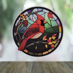 Red cardinal on branch - stained glass acrylic