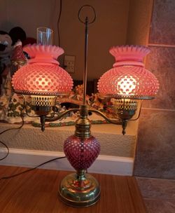 Vintage Cranberry Opalescent Hobnail Double Student Desk Lamp Brass Fenton Style