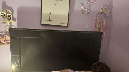 Black six drawer Dresser, Mirror, bed frame, and Queen headboard