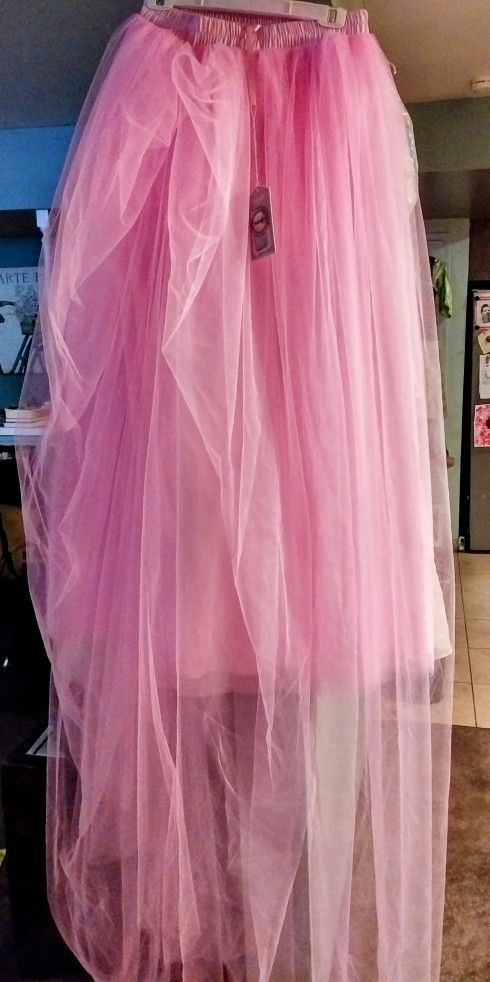 Full Length Pink Tulle Fluffy Skirt W/ Train. Sz XL