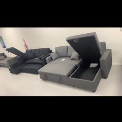 Brand New sectional sofa with chaise storage and pull out bed!  Gray and black available  