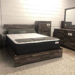 Brand New// Atticus Brown Platform Bedroom Set// Bed,dresser, Mirror, Nightstand// Mattress Sold Separately// 