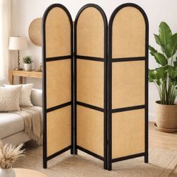 ELK & ELDER 3-Panel Room Divider | Folding Privacy Screen with Arched Dark Wood Frames and Light Woven Panels | Portable Divider for Home,Office, Livi