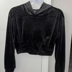 Black Cropped Velvet Hoodie - Size XS