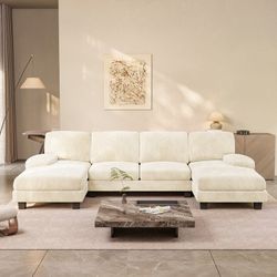 New Modern U Shaped Sectional Sofa with Double Chaise, Modern Corduroy Modular Couch, Deep Seat Upholstered Living Room Sofa with Removable Cushions, 
