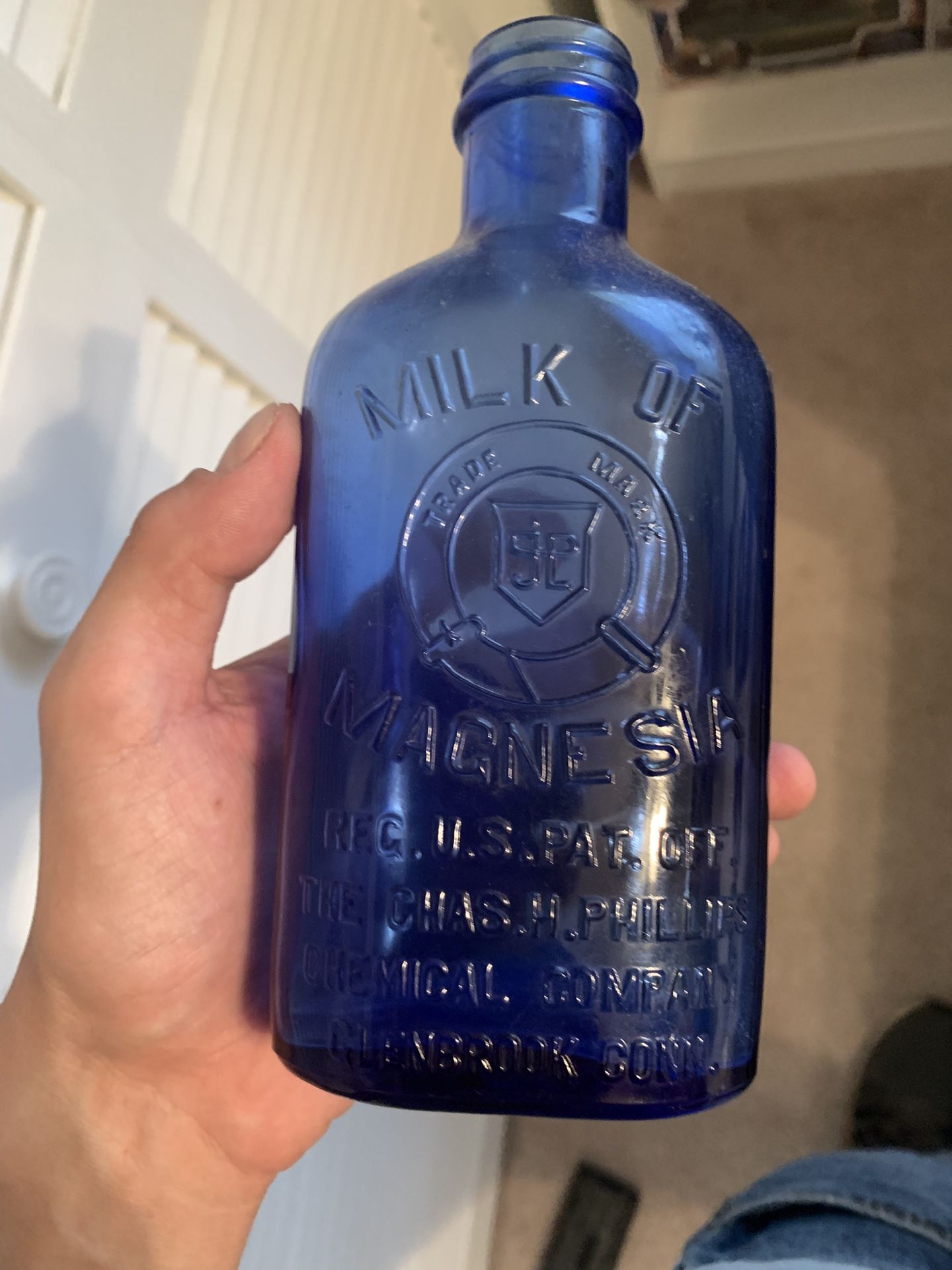 Vintage Milk Of Magnesia Glenbrook Conn Cobalt Blue Bottle 7”