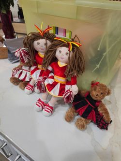 Cheerleader Dolls & Teddy Bears Plush Decor Set – Red White School Spirit Decorations
