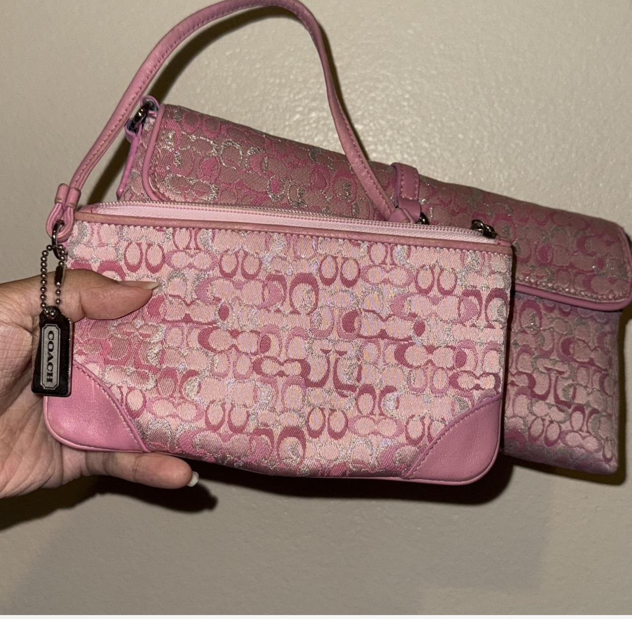 coach optic lurex pink small wristlet