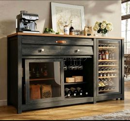 Extra Large Coffee Bar Cabinet w/Fridge Space&Power Outlet,Lux MiniFridge Cabinet w/2Drawers,Wine Rack,Leather Handle,Adj.Shelves,Bar Tray,Glass Holde