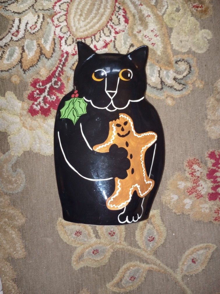 Quirky Christmas Cat Vase Nina Lyman Cat's By Nina Black Gingerbread Man Holly!!OBO!!