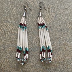 Vintage handcrafted sterling silver beaded drop earrings approx 4 1/4 inches native jewelry  In good condition