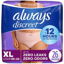 Always Discreet Adult Underwear for Women, XL, 26 CT
