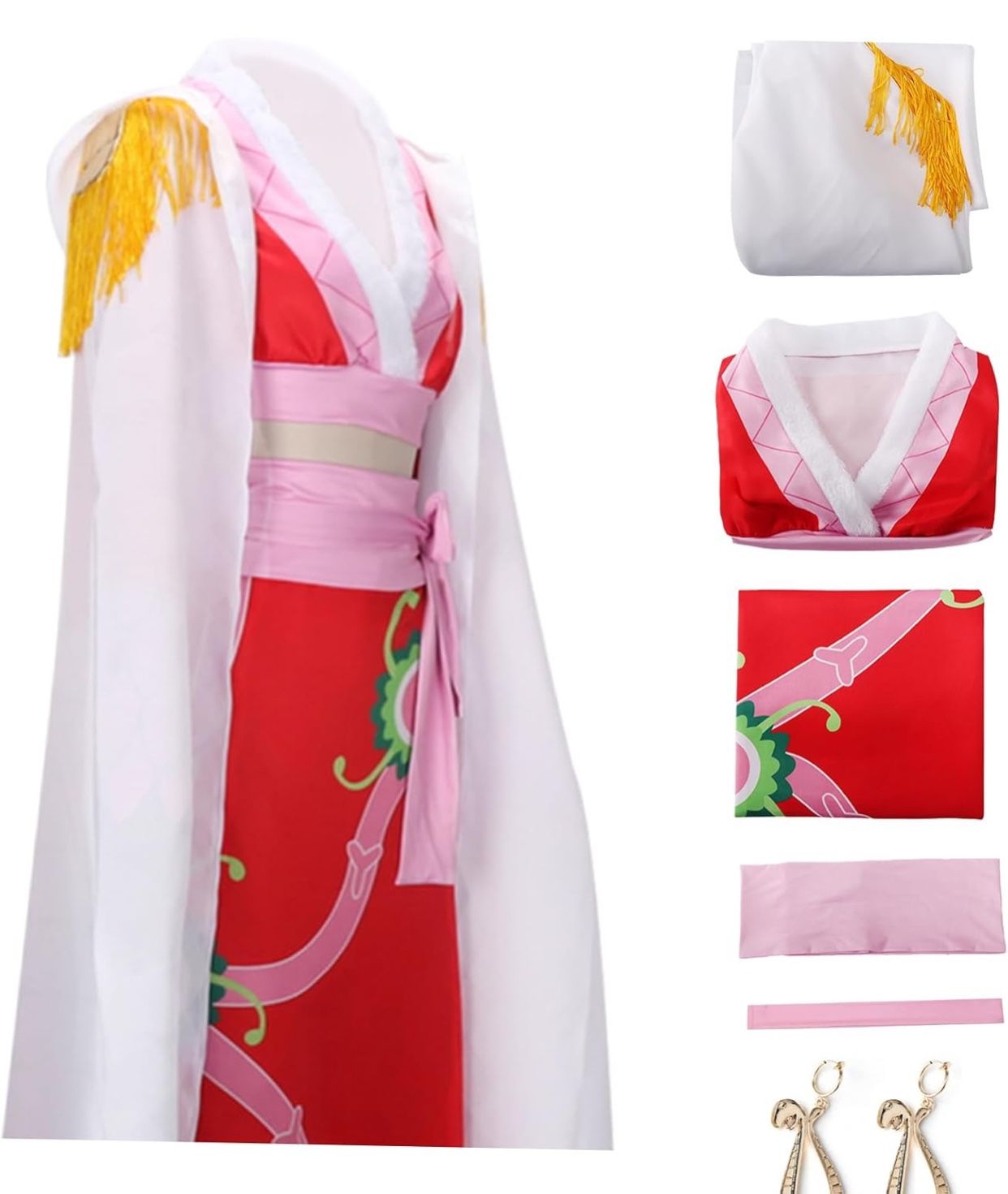 Boa Hancock Cosplay – Sexy Red Kimono Top & Slit Skirt With Cloak And Earrings