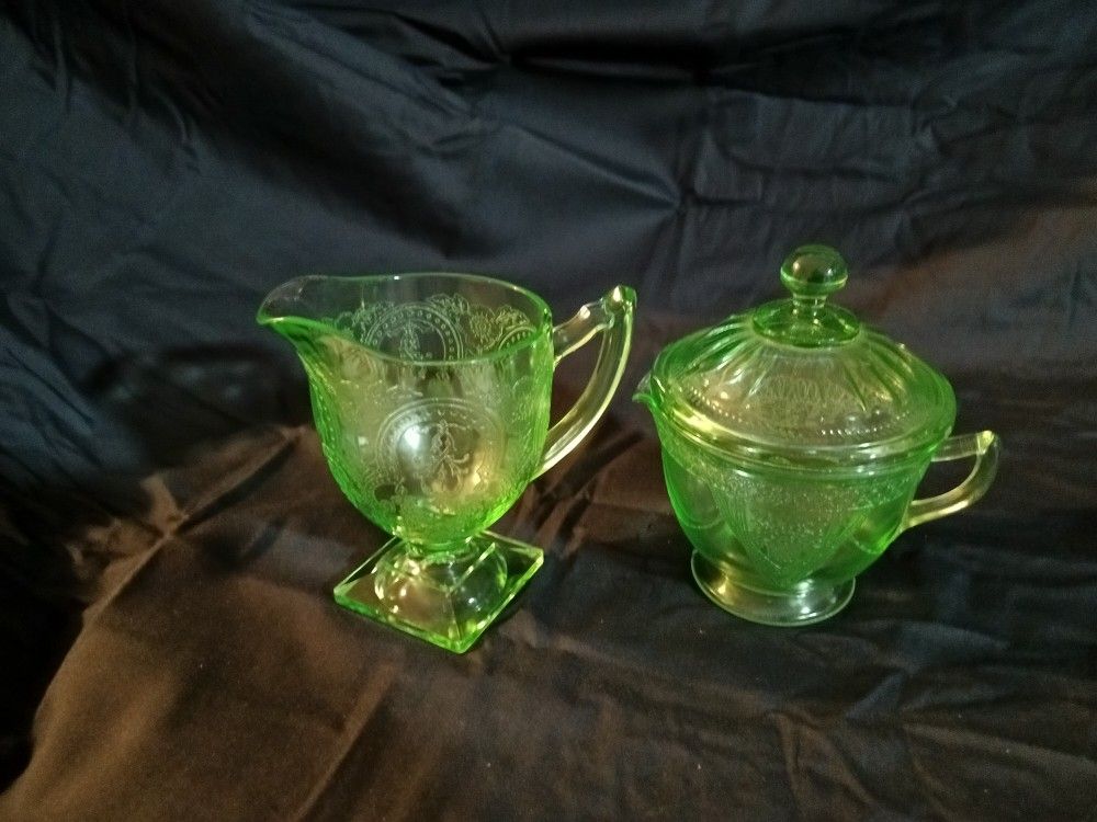 Antique Green Creamer And Sugar With Lid
