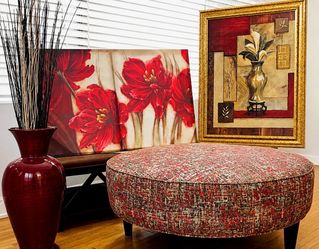 4 Piece Set- Ottoman, Vase w/ branches, Wall Art x2