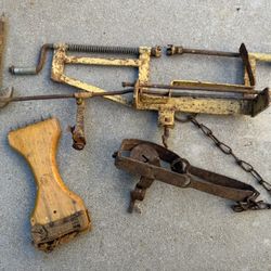 antique farm tools - Webbing Stretcher, leg vise, Animal Trap 