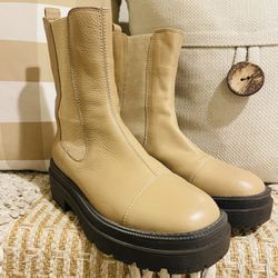 Women’s  Sam Edelman Laguna Chelsea Sesame Leather Pull On Waterproof Chunky Heel Boots Size 7.5