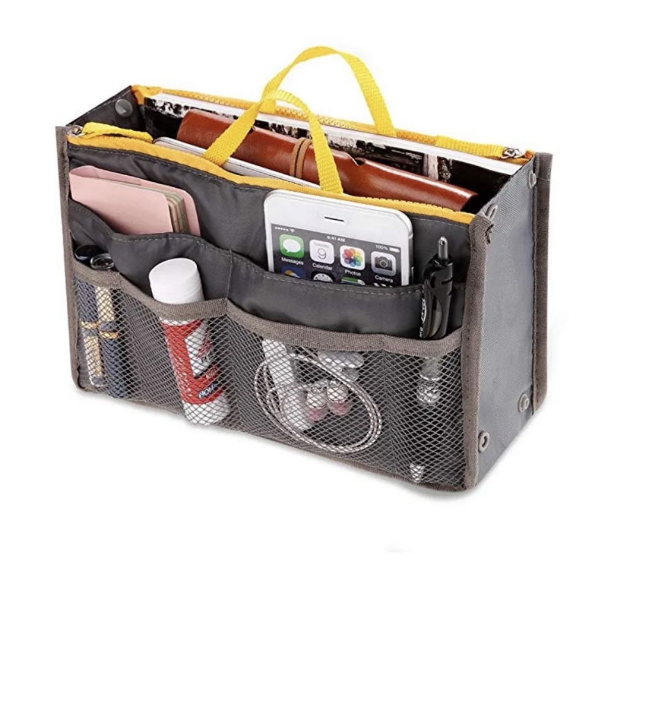 Women Multi-Pocket Travel Handbag Organizer Insert w Zipper Handles Purse Liner Grey