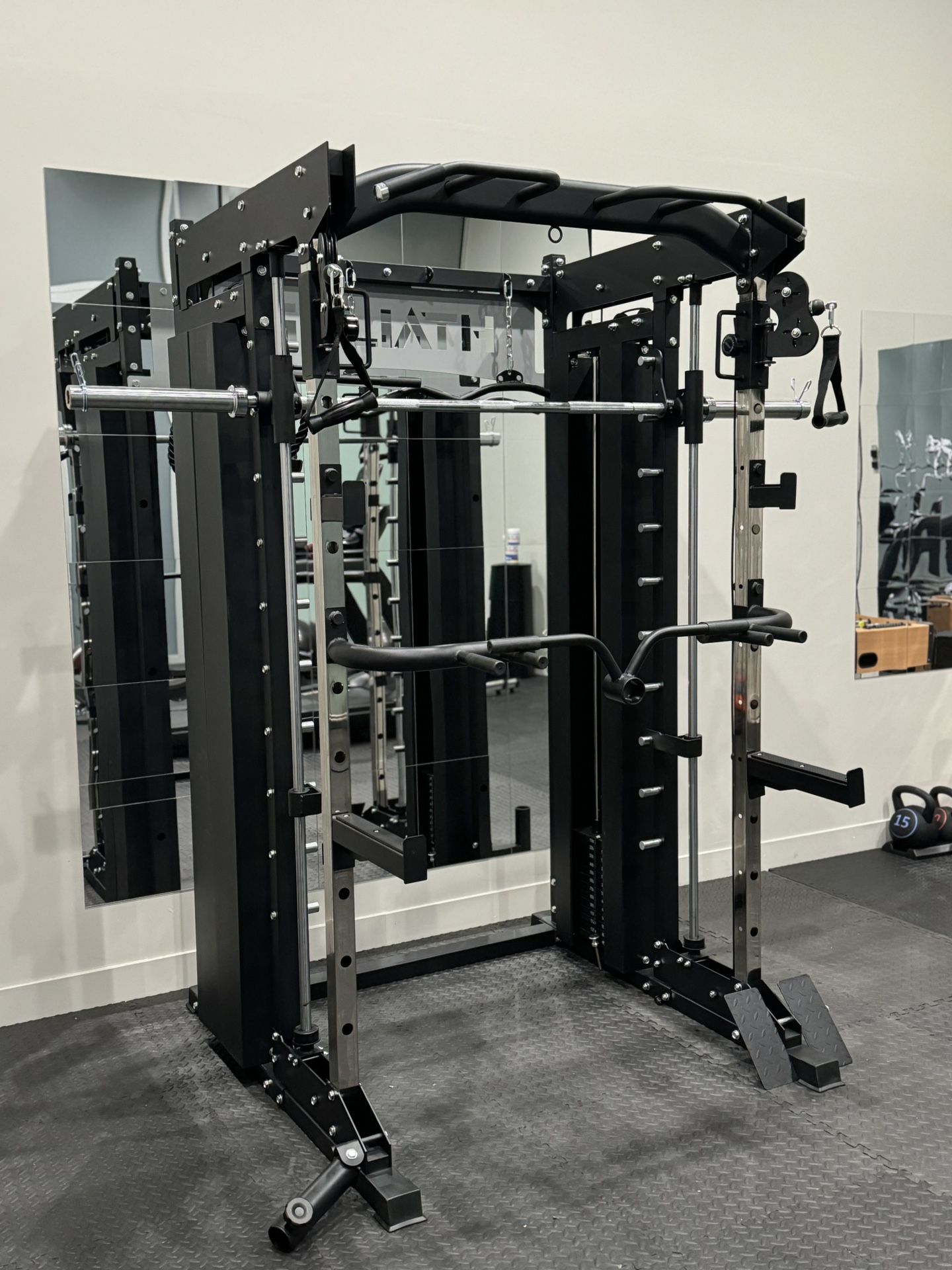 Smith Machine, Pulley System, Power Rack, Rubber Weights, Dumbbells
