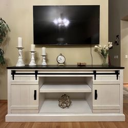 Media console tv stand, black & white, steel & oak wood, 72L x 17W x 33H