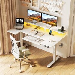 U Shaped Electric Standing Desk with Keyboard Tray, 55 Inch Height Adjustable Desk with Power Outlets & LED Lights, Sit Stand Table with Mo