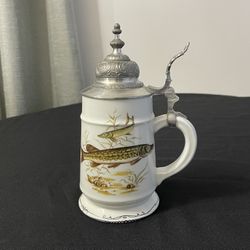 Vintage Germany Porcelain Beer Stein Fish Pike Carp Scene