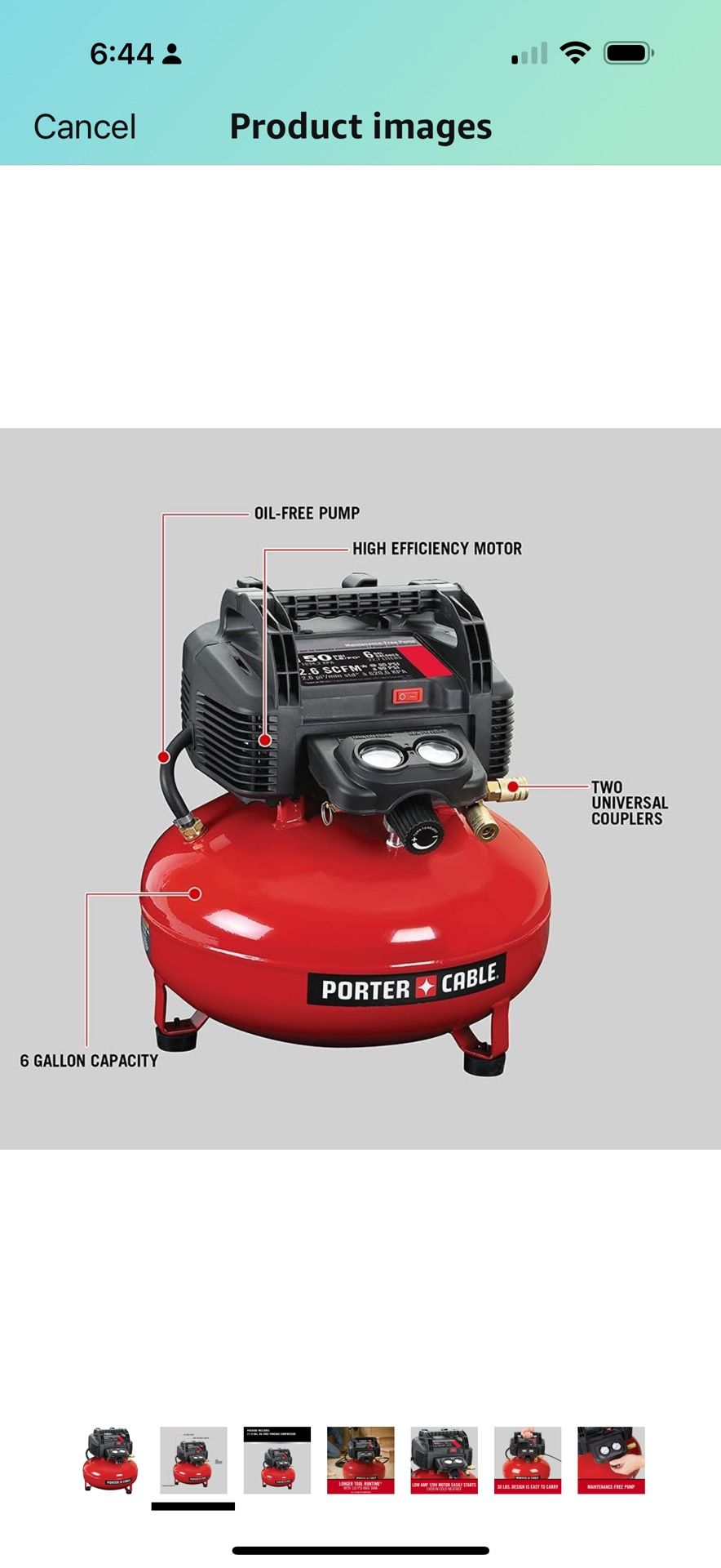 Porter-Cable C2002R 0.8 HP 6 Gallon Oil-Free Pancake Air Compressor )