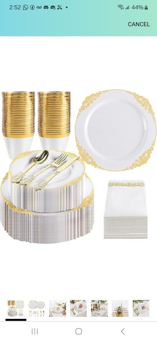 350 PCS White and Gold Plastic Dinnerware Set for 50 Guests, Disposable Fancy Dinner Plates with Gold Rim, 50 Dinner and Dessert Plates Silverware Cup