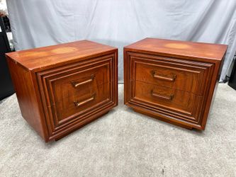 Vintage Mid Century 2-Drawer Nightstand w/ Wood & Brass Hardware