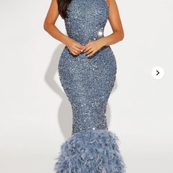 Zoey Feathered Sequin Gown - Grey