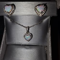 7.0mm Heart-Shaped Lab-Created Opal and White Sapphire Pendant, Ring and Stud Earrings Set in Sterling Silver - Size 7