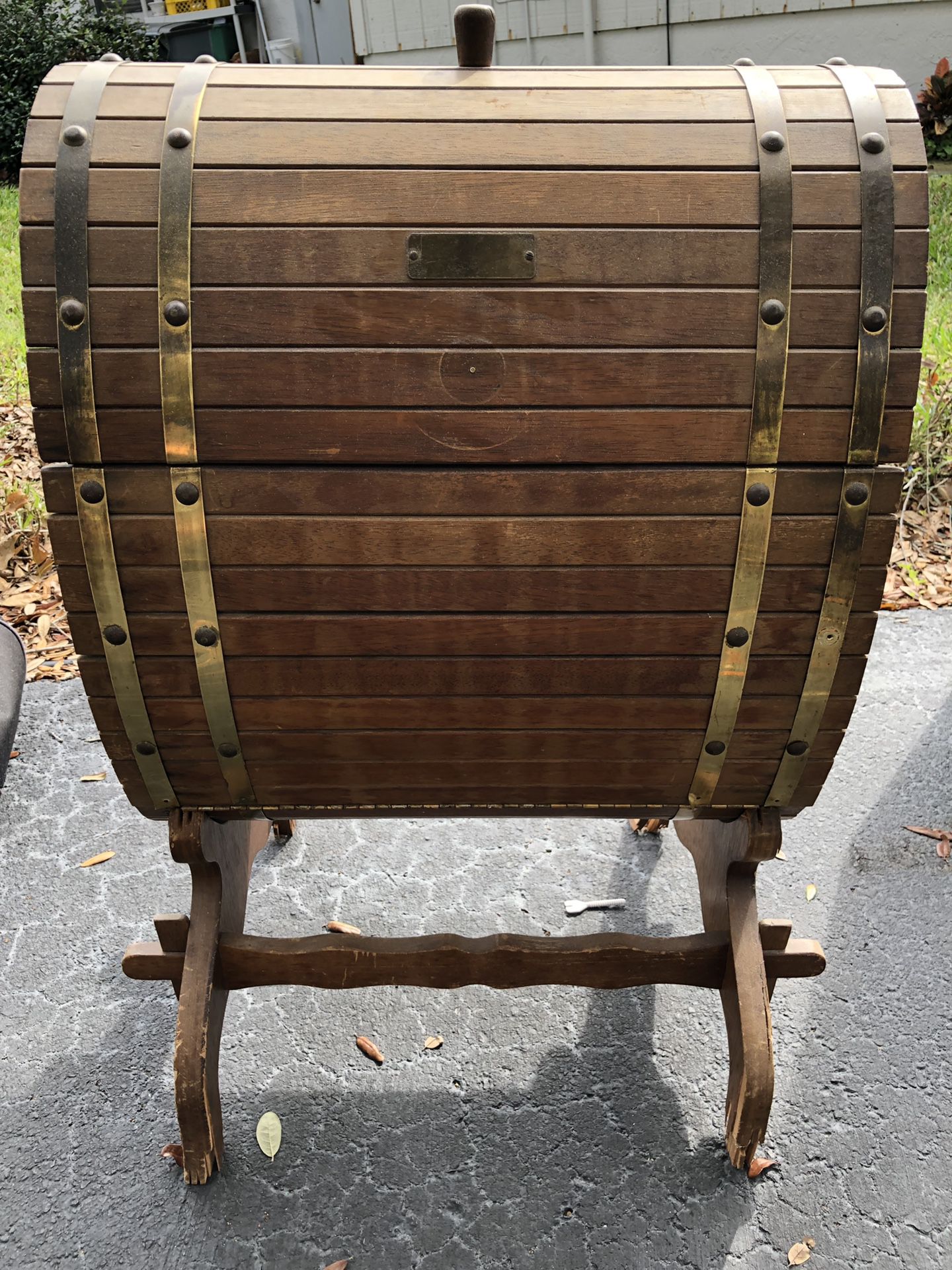 Antique Oval Barrel Shape Liquor Cabinet Bar; Arts & Crafts style or Old English