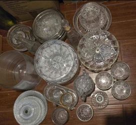 Vintage Crystal Dishes Bowls Plates Cake Stand Creamer Sugar Condiments 