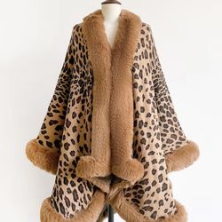 Luxury Winter Plush Shawl, Leopard Print Casual Loose-Fit, Camel