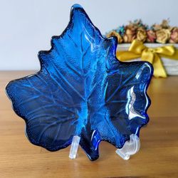 Cobalt Blue Glass Maple Leaf Dish
