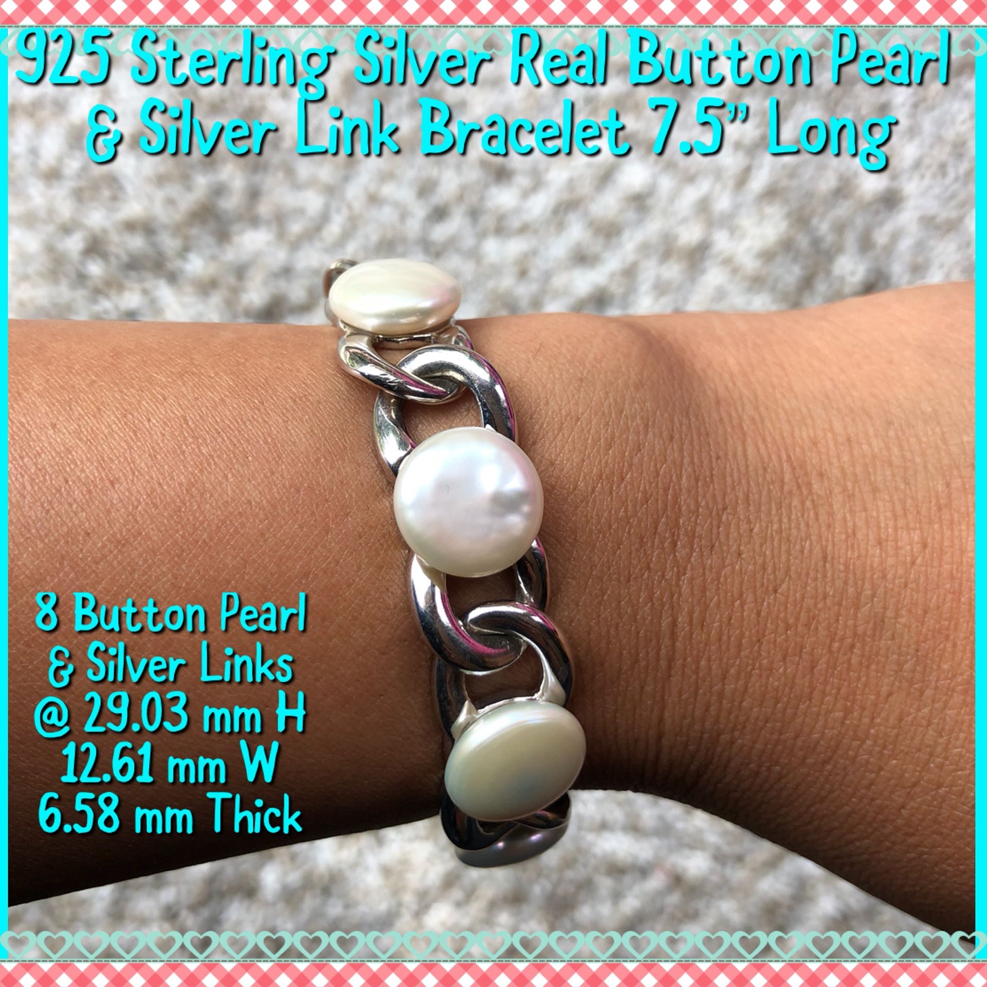 925 Sterling Silver Button Pearl & Silver Link Bracelet 7.5” Long