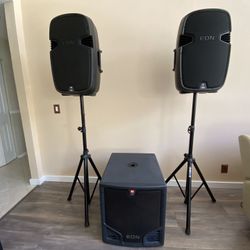 (2) Portable Self-Powered 15”, Two-Way, Bass-Reflex Design & (1) Portable Self-Powered 18", Bass-Reflex Design & (2) Speakers Stand