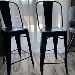 2 Antique Black Distressed 26” Metal Barstool With Back