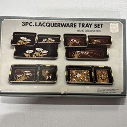 Vintage 3-Piece Lacquerware Tray Set – Hand Decorated – Made in Japan