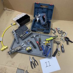 $50 - Tools GRAB BAG #11  : 3 way extension cord, ratchet set, Bosch jigsaw, C-clamps, cordless driver, hatchet & More