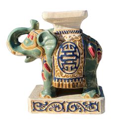 💕  Vintage NEW SET of 2  (PAIR) Small Asian Ceramic Glazed Green Blue Red White ELEPHANT Statue, Plant Stand, Bookend 💕  Thumbnail